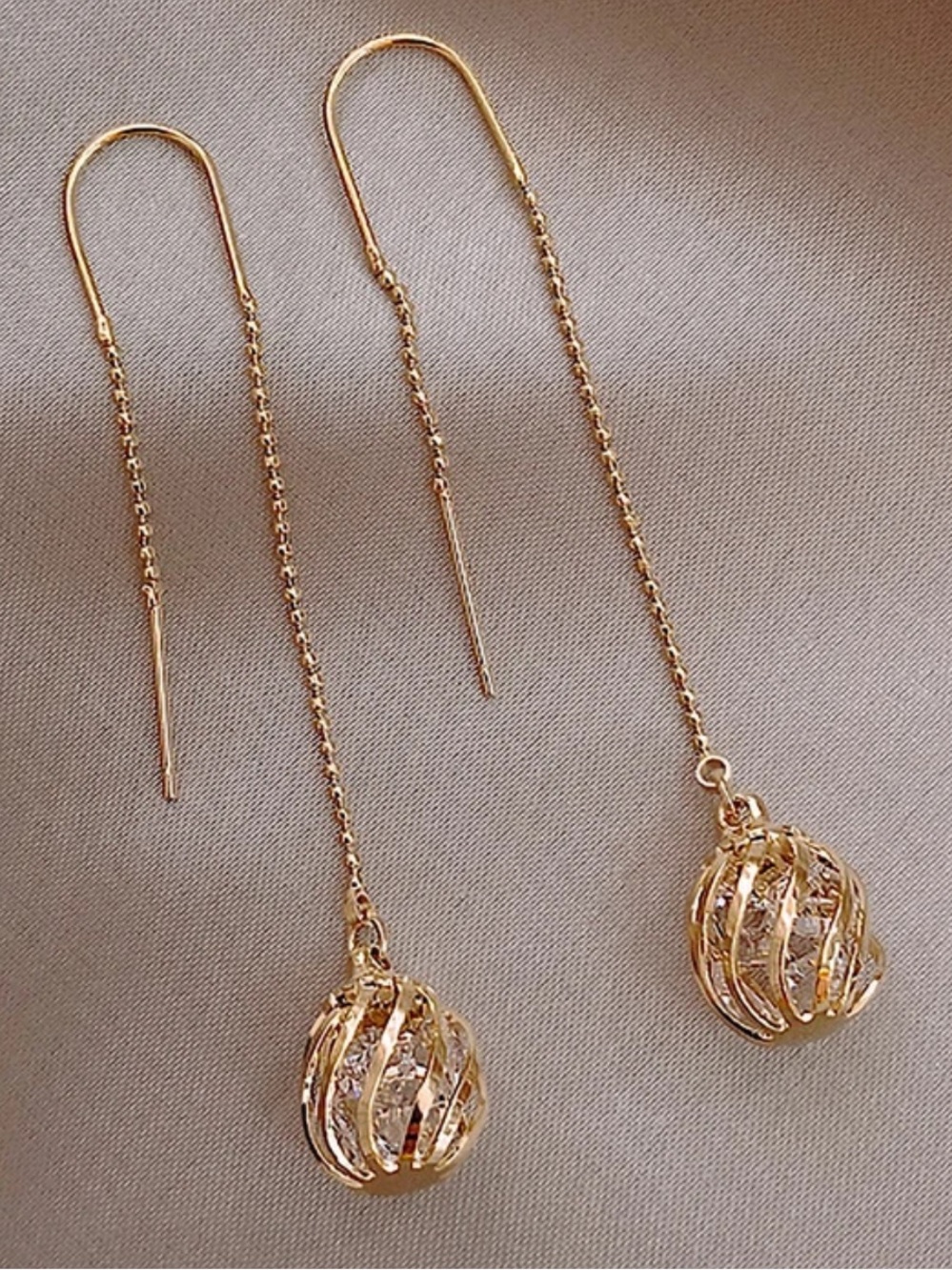 NWOT Gold Drop Threader Earrings with Crystal Cage Globe